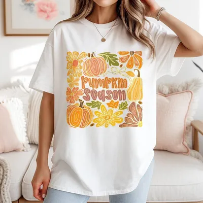 Retro Pumpkin Season T-Shirt Thanksgiving Fall T-Shirt Autumn Vibes With Preppy Pumpkins Cotton Womenswear