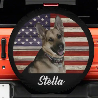Spare Tire Cover, German Shepherd Dog, American Flag Wood Grain, Patriotic Pet Theme, All-Weather Universal Wheel Protector Spare Tire Cover