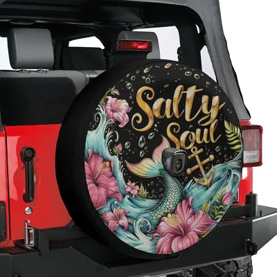 Salty Soul Spare Tire Cover, Mermaid Tail Tropical Beach Design, Waterproof Vinyl Wheel Protector For Summer Travel Spare Tire Cover