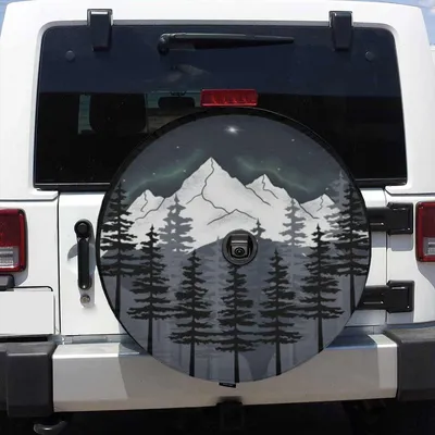 Snowy Mountain Forest Spare Tire Cover, Aurora Borealis Pine Tree Protector, Winter Landscape Night Sky Design, Universal Vehicle Spare Tire Cover