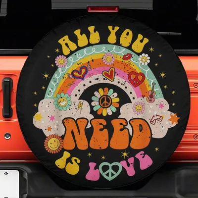 All You Need Is Love Spare Tire Cover, Groovy Hippie Retro Rainbow Art, Peace Sign Flower Universal Waterproof Tire Protector Spare Tire Cover