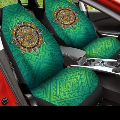 3D All Over Printed Green Car Seat Cover With Mexico Aztec, Mexican Aztec Front Car Seat Cover