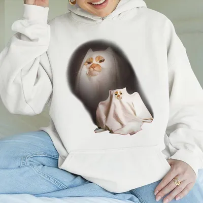 Retro Funny Vintage Graphic Hoodie Ghost Kitten Hoodie Unisex Meme Cringe Funny Dumb Hoodie Menswear Womenswear Streetwear