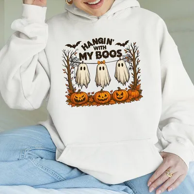 Hangin With My Boos Halloween Hoodie Cute Ghost Pumpkin Graphic Fall Spooky Cozy Outfit For Men And Women