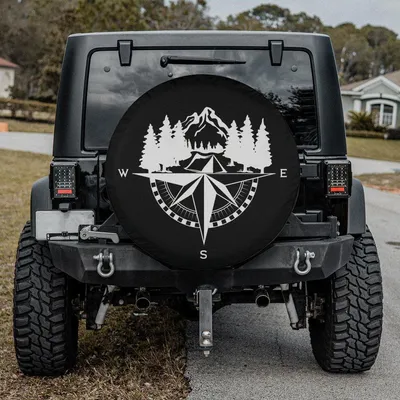 Spare Tire Cover, Mountain Forest Compass Design, Camping Adventure Theme, Off-Road Wheel Cover, Backup Camera Hole Option, Universal Fit Suv Spare Tire Cover