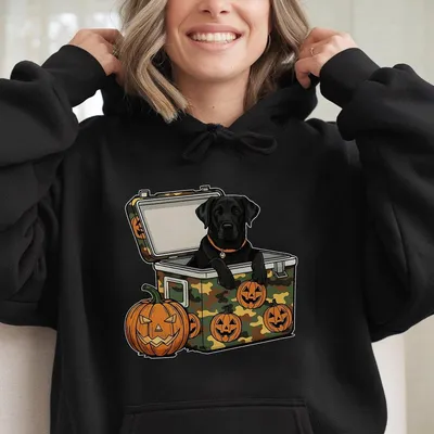 Halloween Black Lab Dog In Camo Cooler Unisex Hoodie Dog With Pumpkin Face Hoodie Fall Hunting Dog Hoodie Southern Spooky