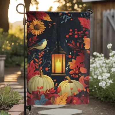 Fall Garden Flag With Lantern, Pumpkins And Leaves , Autumn Yard Decor With Sunflower & Bird , Outdoor Seasonal Banner For Porch Or Lawn Vertical Garden Flag