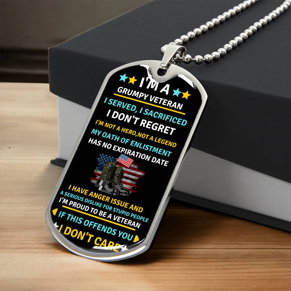 Grumpy Veteran Dog Tag - Army Tag Necklace, Dog Tag