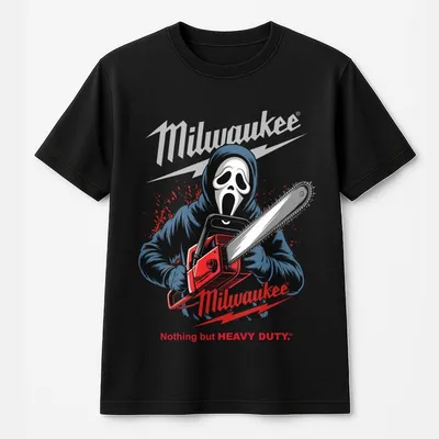 Milwaukee Tools Ghost Face Chainsaw 2-Sided T-Shirt, Halloween Killer Graphic T-Shirt, Spooky Horror Movie Cotton T-Shirt, Unisex Creepy Outfit