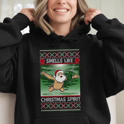 Vintage Vibeshirt Smells Like Christmas Spirit Hoodie Funny Santa Claus 90s Rock Album Parody Ugly