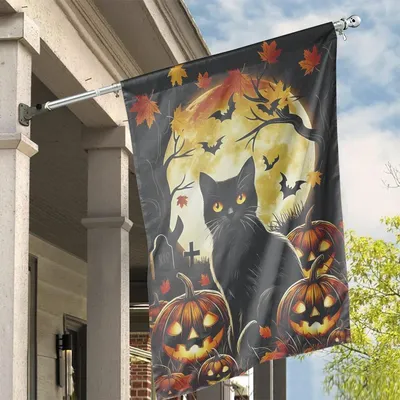 Black Cat Halloween Vertical House Flag, Spooky Pumpkin Garden Banner, Fall Full Moon Yard Decor Vertical House Flag