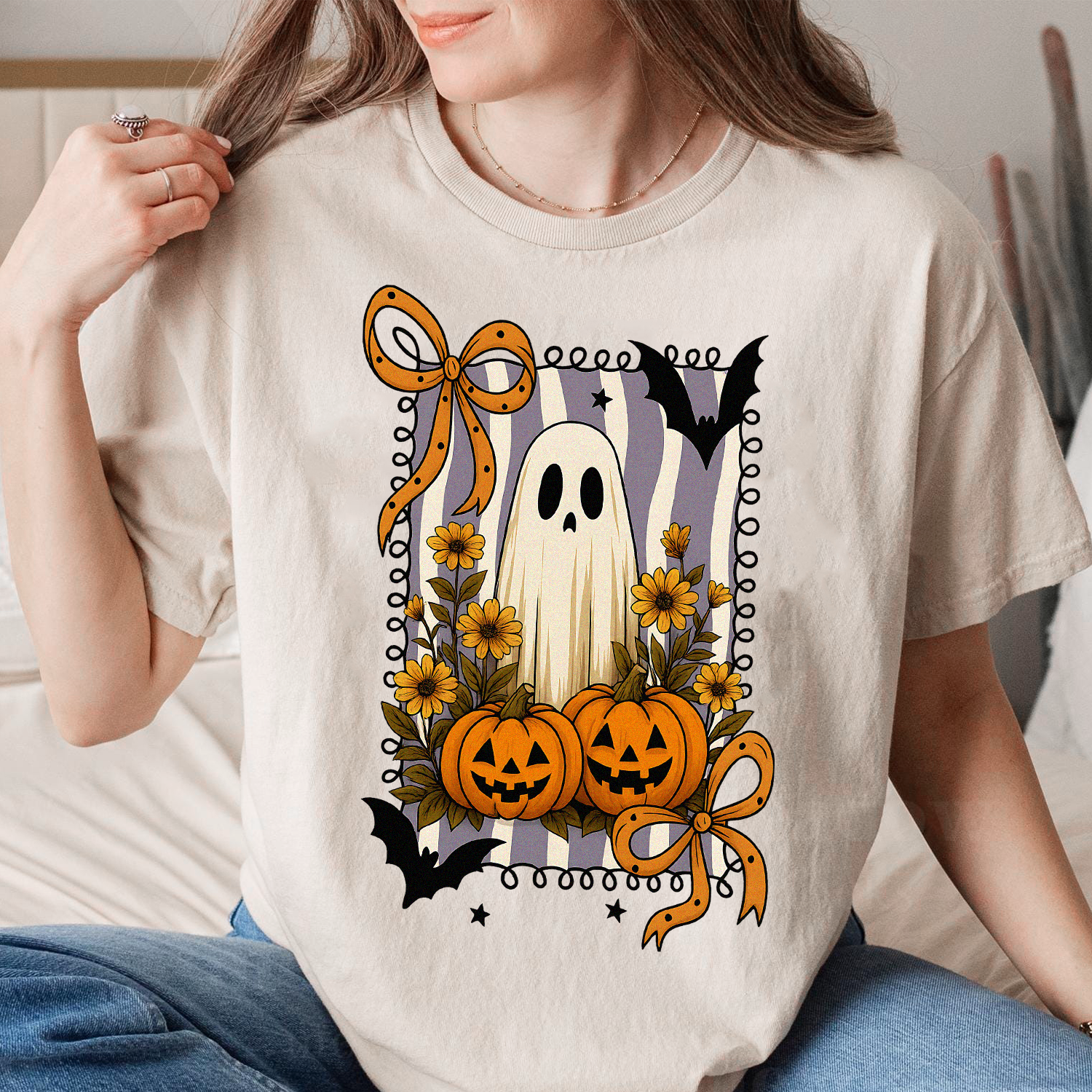 Preppy Floral Ghost Retro Halloween T-Shirt