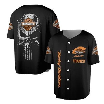 Harley-Davidson Punisher Skull Baseball Jersey, Custom Name Franco Biker Apparel, Black Orange Us Gift For Rider Baseball Jersey