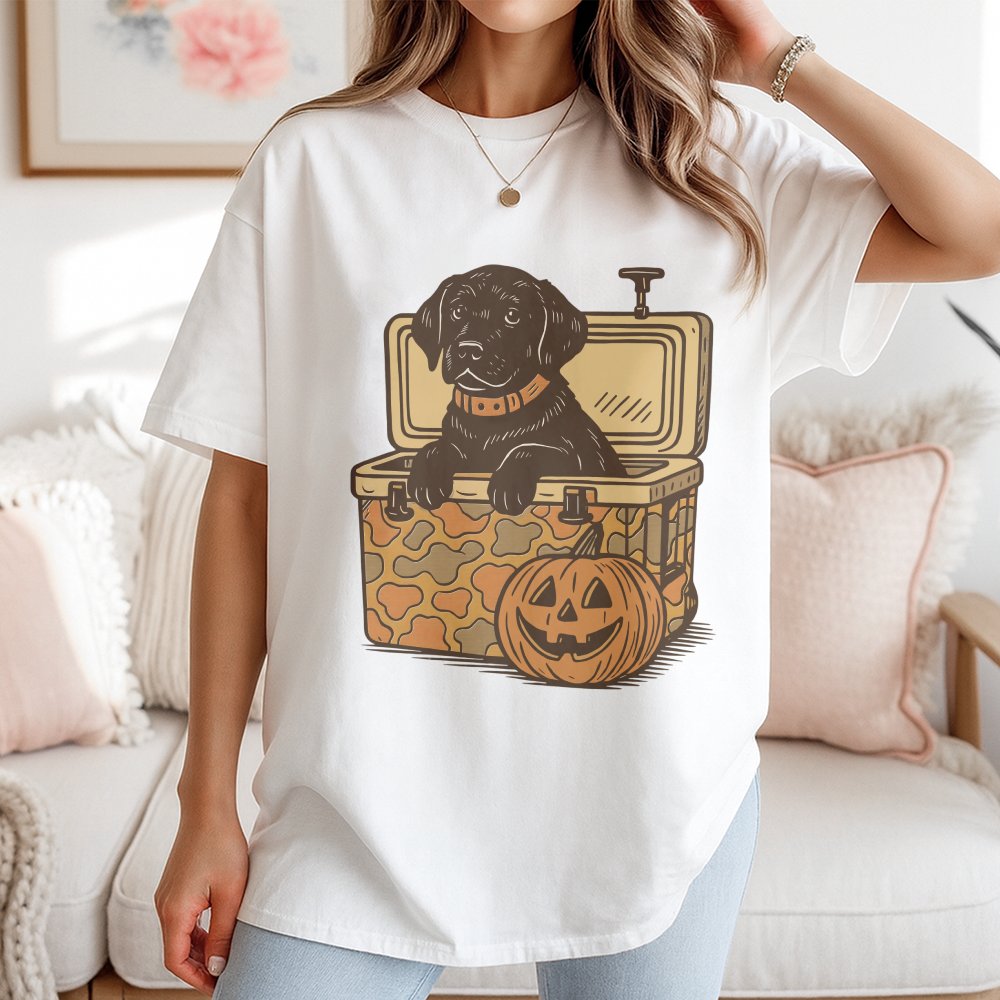 Black Lab Dog Camo Halloween T-shirt – Hunting Graphic Tee with Pumpkin Face