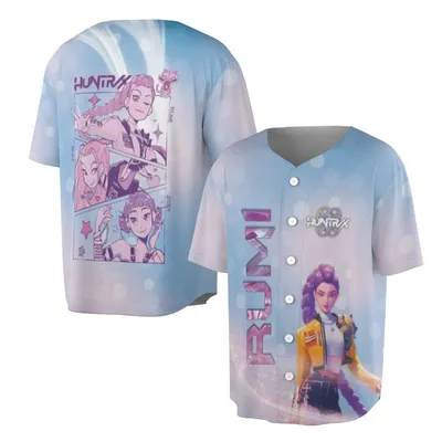 Huntrax Polo Baseball Jersey, Rumi Warrior Character, Futuristic Armor Design, Sparkle Background, Blue Pink Comic Style