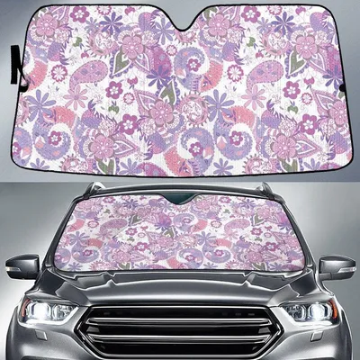 Purple Plumeria Flowers Paisley Texture White Theme Car Sun Shades Cover Auto Windshield PrintSyde