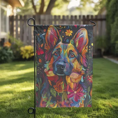 German Shepherd Garden Flag, Colorful Floral Dog Yard Decor, Psychedelic Outdoor Pet Banner, Boho House Flag Gift For Dog Lovers Vertical Garden Flag