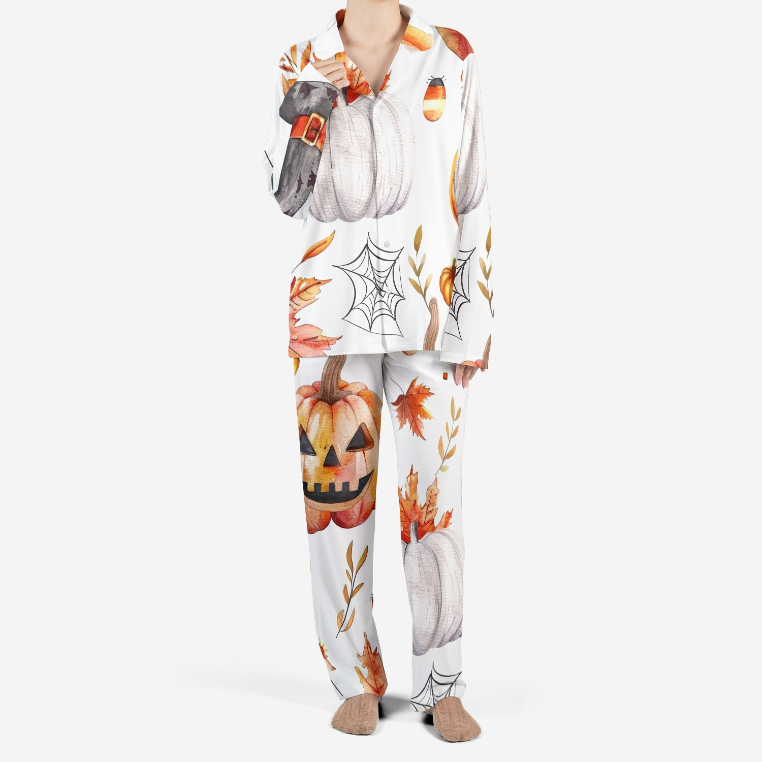 Halloween Satin Pajamas Set – Pumpkins & Autumn Leaves Print