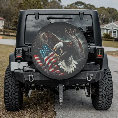 Patriotic Bald Eagle Spare Tire Cover, American Flag Design, Eagle Holding Us Flag, Backup Camera Hole Option, Universal Fit For Car Truck Suv Spare Tire Cover