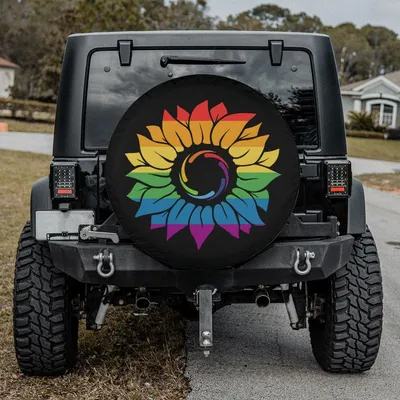 Colorful Rainbow Sunflower Spiral Art Spare Tire Cover, Bright Inspirational Floral Design On Black Background Spare Tire Cover