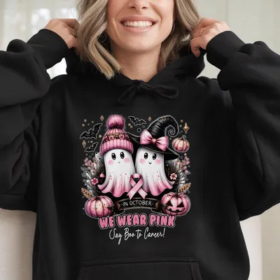 In October We Wear Pink Say Boo To Cancer Hoodie,Halloween Ghost Pumpkin Spooky Season