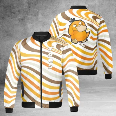 Psyduck Wave Print Windproof Bomber Jacket, A Fun Optic Art Piece For Pokemon Fans And Nostalgia Lovers Bomber Jacket