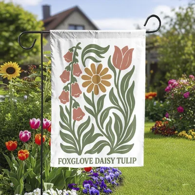 Vertical Garden - Foxglove Daisy Tulip, Garden Flag, Vintage Botanical Flower Design Vertical Garden Flag