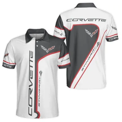 Corvette Stingray Polo Polo Shirt, Crossed Flags Emblem, Red Stripe Layout, Stylized Font Design, Car Enthusiast Apparel