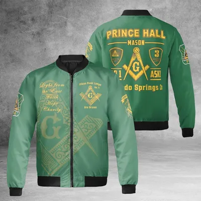 Prince Hall Mason Pha Bomber Jacket, Faith Hope Charity Quote, Fraternal Lodge Gear, Green & Gold Design Bomber Jacket