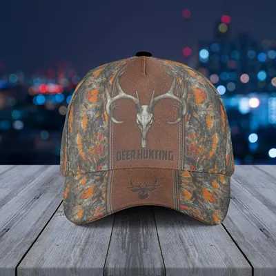 Deer Hunting Camouflage Baseball Cap – Antler Skull & Forest Silhouette With Autumn Camo Pattern Baseball Cap