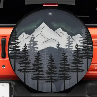 Mountain Forest Night Spare Tire Cover, Snowy Peaks Design, Outdoor Adventure Tire Cover For Nature Lovers Spare Tire Cover