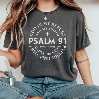 Stylish Faith Inspired Graphic T-Shirt Soft Short Sleeve Comfort Fit Top With Psalm 91 Letter Print Womens Casual