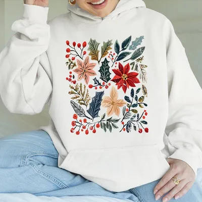 Boho Floral Christmas Hoodie, Women'S Christmas Outfits, Womans Holiday Hoodie, Christmas Gift, Cute Holiday Hoodie