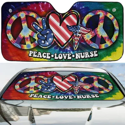 Peace Love Nurse Sunshade, Tie Dye Gmc Truck Windshield, Caduceus Heat Blocker, Hippie Rn Accessory Gift Car Sunshade