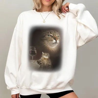 Retro Funny Vintage Sweatshirt Cat Portrait Sweatshirt Unisex Meme Cringe Funny Dumb Sweatshirt Menswear Womenswear Streetwear Cotton