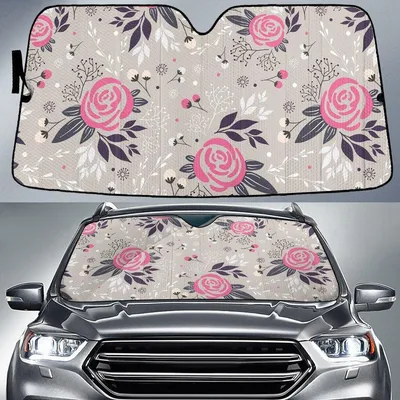 Pink Rose Flower White Leaf Grey Theme Car Sun Shades Cover Auto Windshield PrintSyde