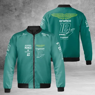 Unisex Aston Martin F1 Team Bomber Jacket, Stroll 18 Driver Merch, Aramco Racing Fan Gear, Green Motorsport Style Bomber Jacket