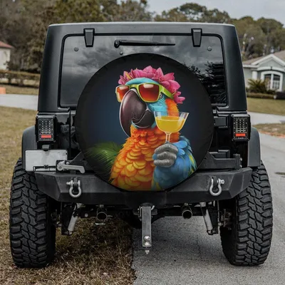 Funny Macaw Parrot Spare Tire Cover Tropical Hawaiian Cocktail Novelty Gift Spare Tire Cover