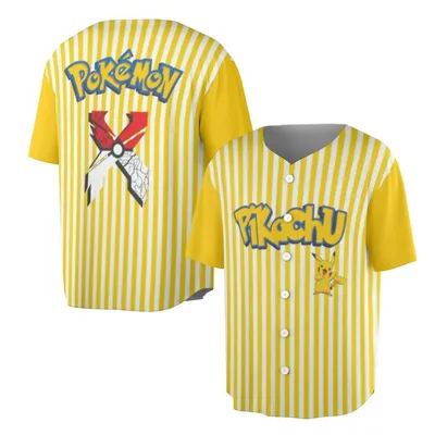PokéMon Baseball Jersey, Pikachu Graphic, Reshiram Design, Yellow Stripe Style, Gamer Apparel, Anime Inspired Baseball Jersey