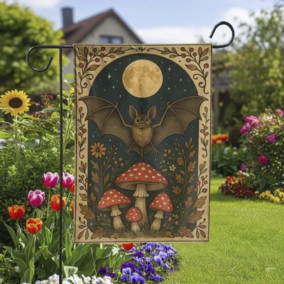 Vintage Mothman Bat Vertical Garden Flag, Celestial Mushroom Forest Decor, Cottagecore Witchy Yard Banner, Fall Halloween Botanical Art Vertical Garden Flag