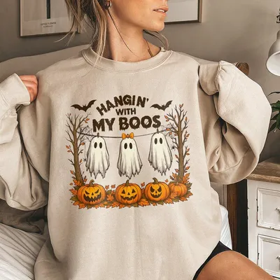 Funny Hanging Ghosts Sweatshirt – “Hangin’ With My Boos” Halloween Graphic Pullover