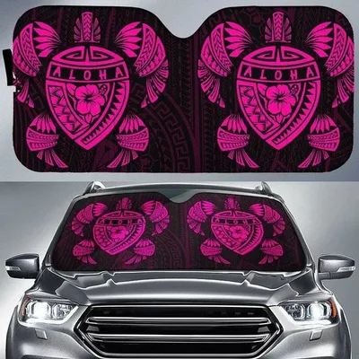 Pink Hawaii Map Turtle Ohana Hibiscus Kakau Polynesian Printed Car Sun Shade Cover Auto Windshields PrintSyde