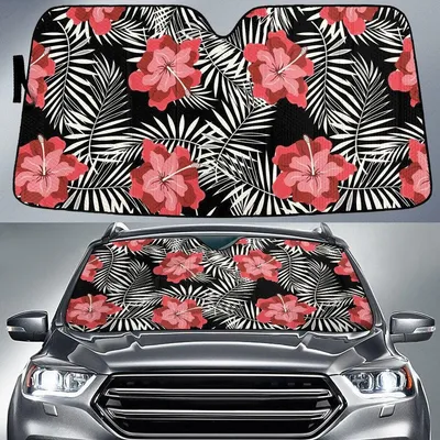 Red Hawaiian Hibiscus Flower And White Classic Palm Leave Car Sun Shades Cover Auto Windshield PrintSyde