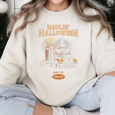 Haulin Halloween Peterbilt Truck Sweatshirt  Spooky Semi Graphic Sweatshirt For Men Women Vintage Halloween Trucker Sweatshirt Built