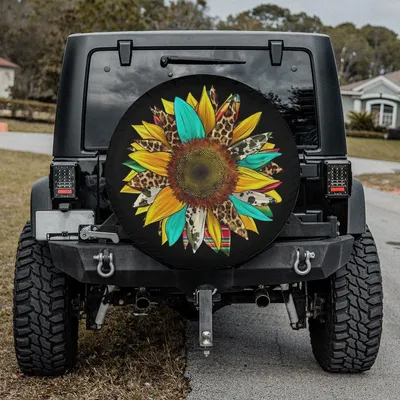 Turquoise Sunflower Spare Tire Cover,Turquoise Cow Print Sunflower Backup Camera Hole,Sunflower Tire Cover Summer Car Accessories For Women Spare Tire Cover