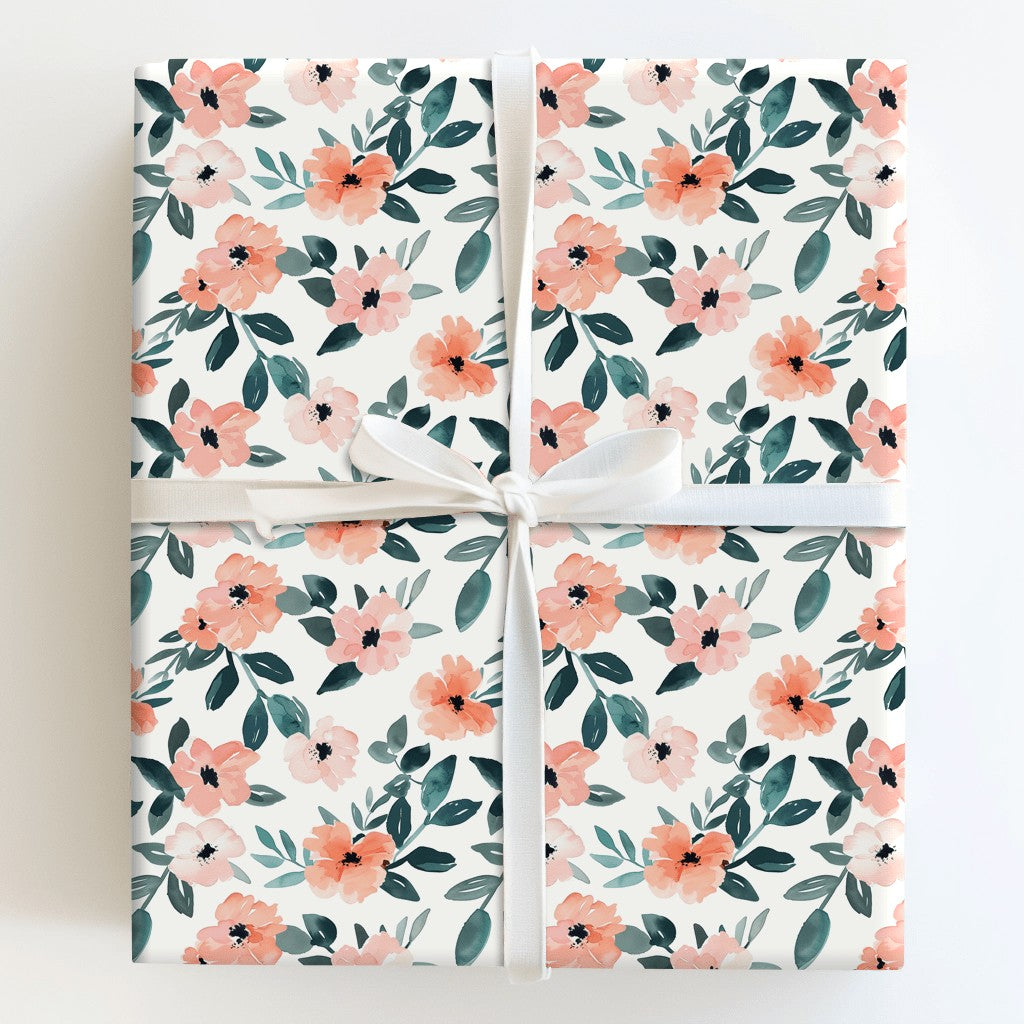 Watercolor Floral Gift Wrapping Paper | Peach Pink Flowers and Teal ...