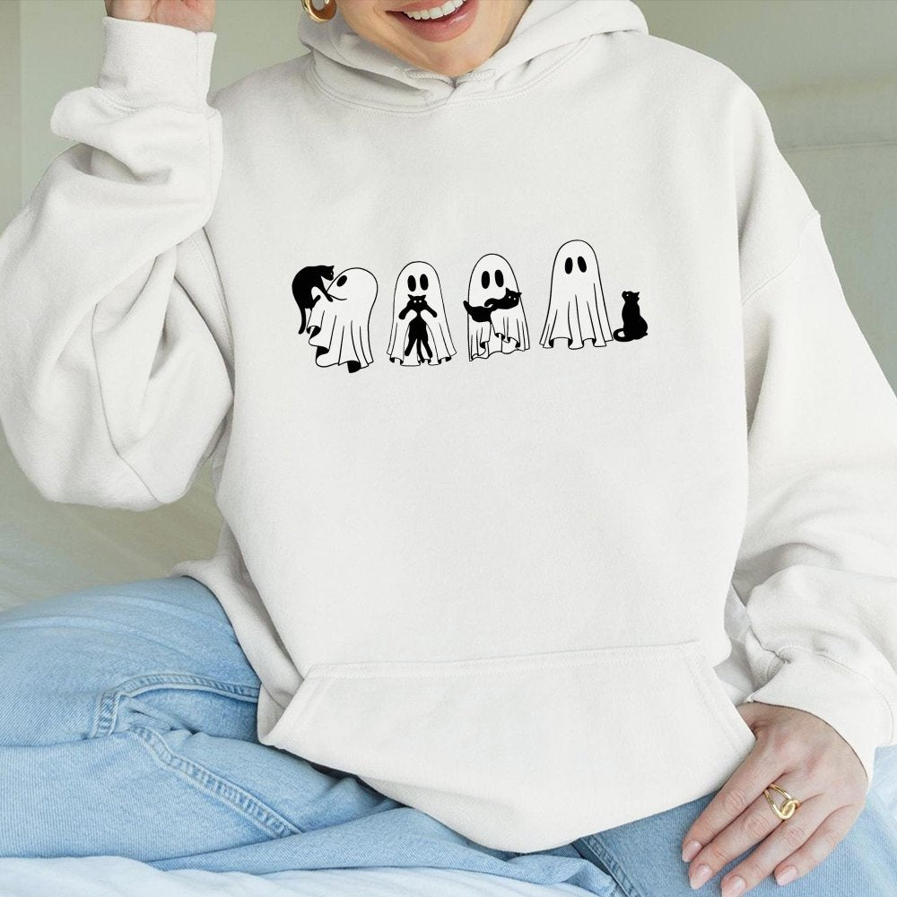 Halloween Black Cat Ghost Trendy Hoodie Spooky Season Halloween Cute Women