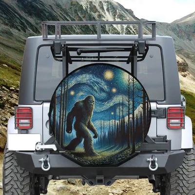 Cryptid Sasquatch Spare Tire Cover, Starry Forest Night Art, Bigfoot Hairy Beast Universal Fit, Waterproof Tire Protector Spare Tire Cover