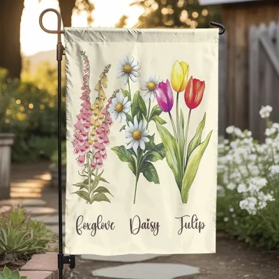 Vertical Garden - Foxglove Daisy Tulip Floral House Flag, Retro Vintage Boho Garden Flag, Foxtrots Deltas Tangos Design, Subtle Floral 8647 Fdt Garden Decor Vertical Garden Flag