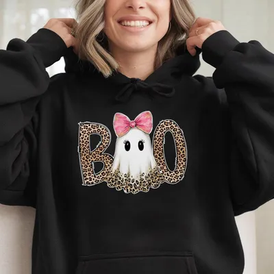 Preppy Ghost Boo Hoodie, Leopard Spooky Coquette Hoodie, Halloween Hoodie, Fall Hoodie, Trendy Hoodie, Trendy Halloween Hoodie
